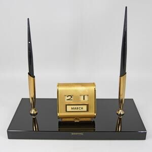 VTG Sheaffer's Double Pen Pencil Desk Set Black Marble Base Perpetual Calendar